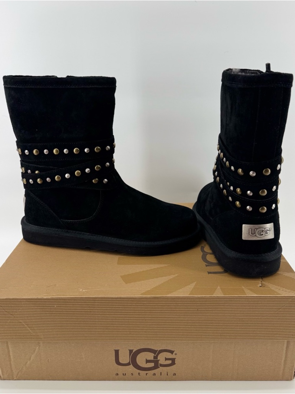 NWT rare UGG  Black Studded Biker Boots Shearling Lined Moto Boho cozy Sz9